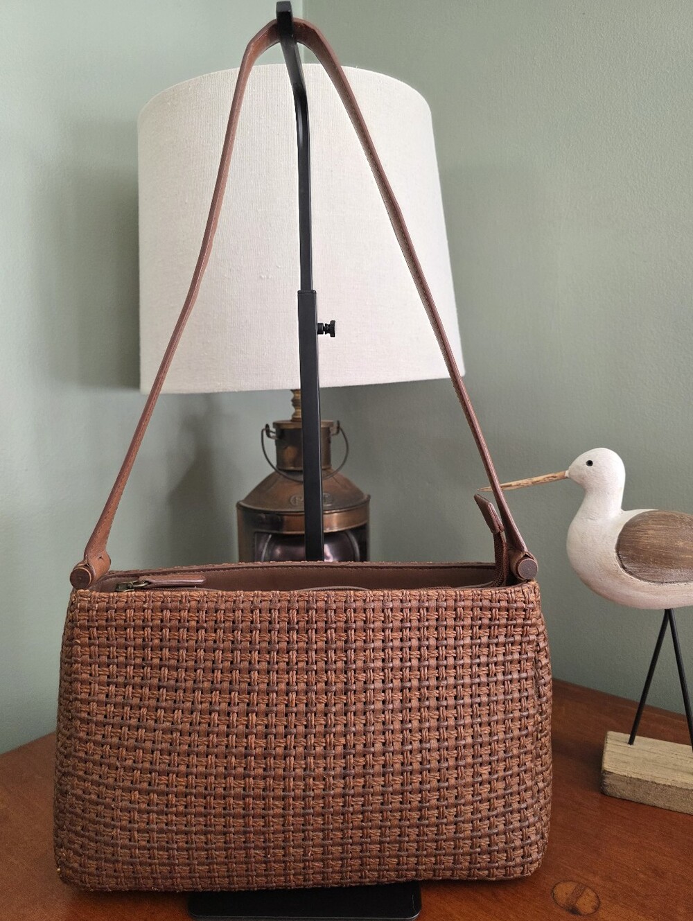 Vintage Fossil 75082 Basket Weave Straw Leather Shoulder Bag Brown 90s